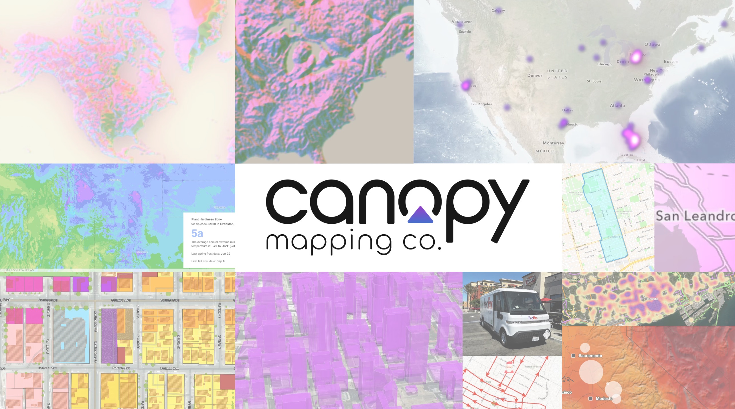 Collage of Canopy Mapping Co. products including topographic maps, zoning visualizations, utility networks, and location analytics