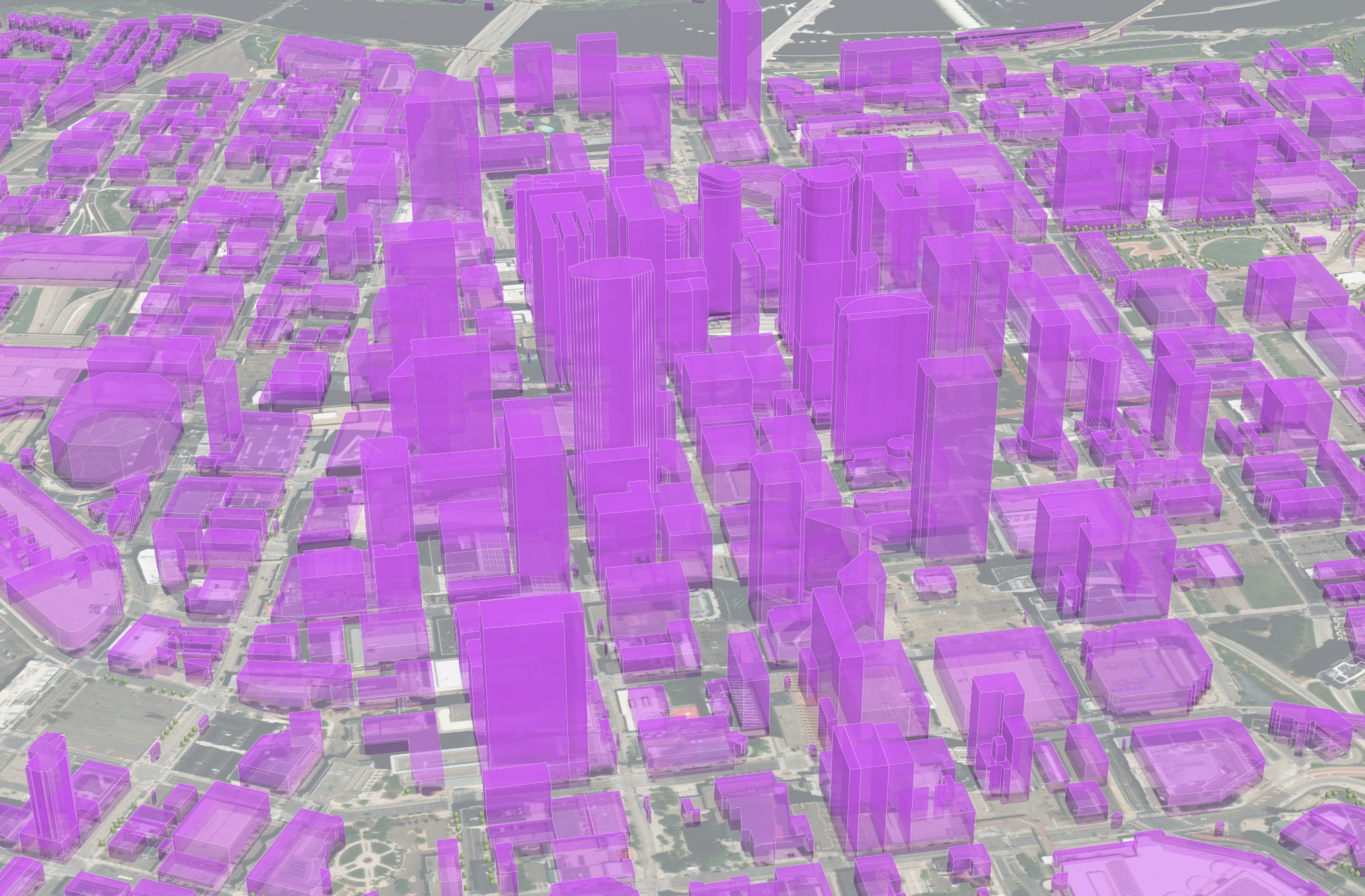 3D city model showing building heights and urban structure
