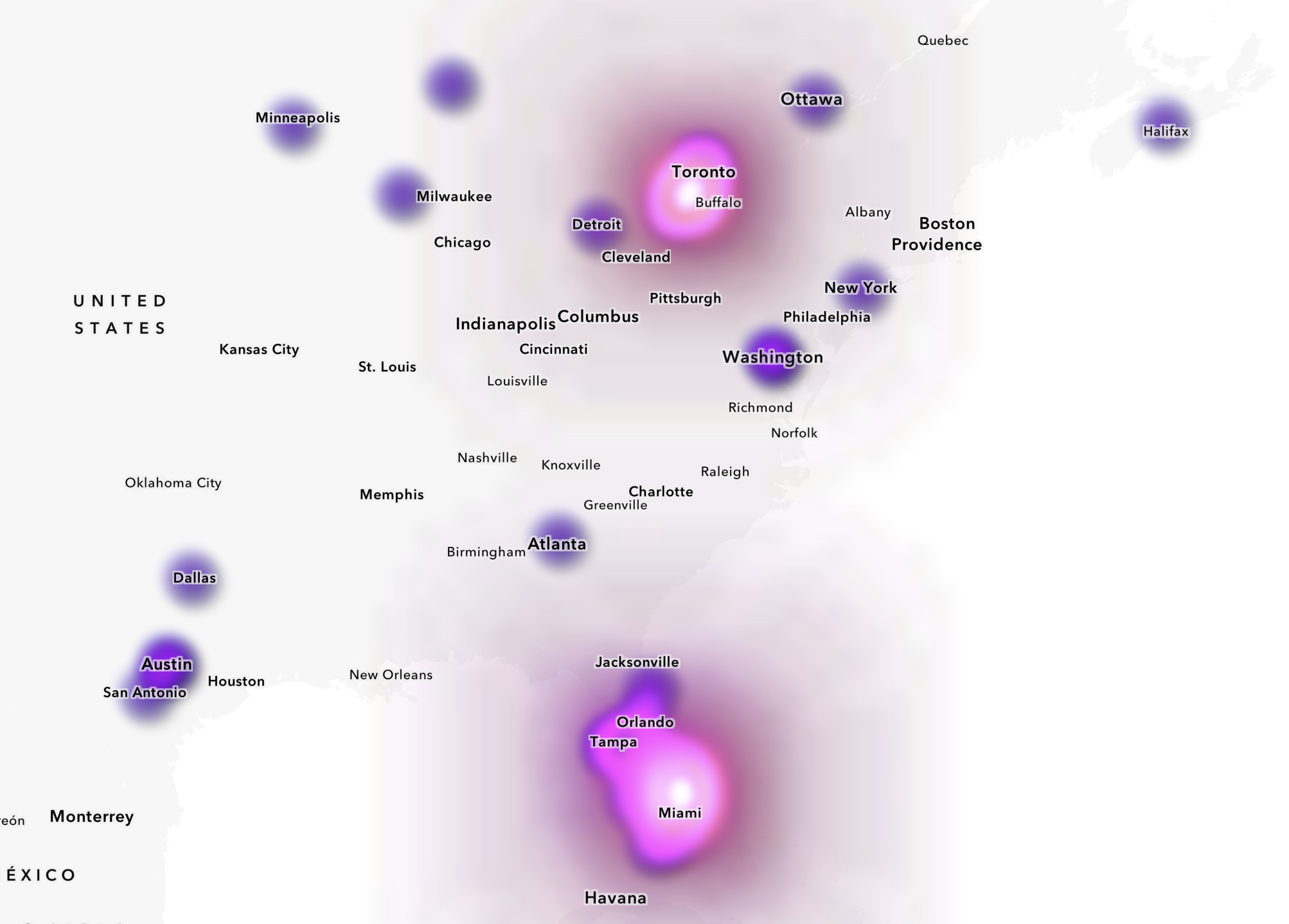 Heat map visualization showing urban density across North America