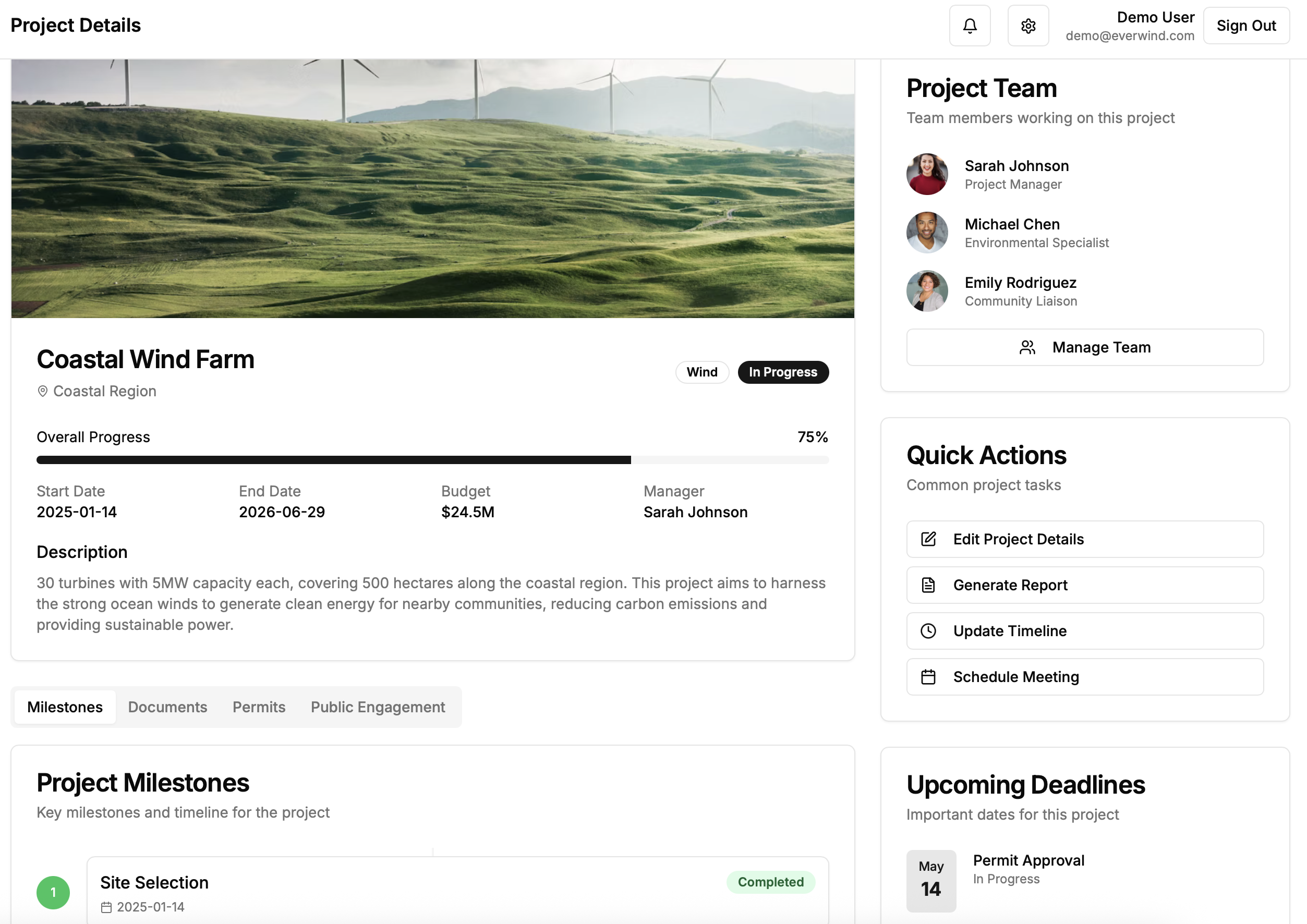 Detailed project view showing Coastal Wind Farm progress and team management